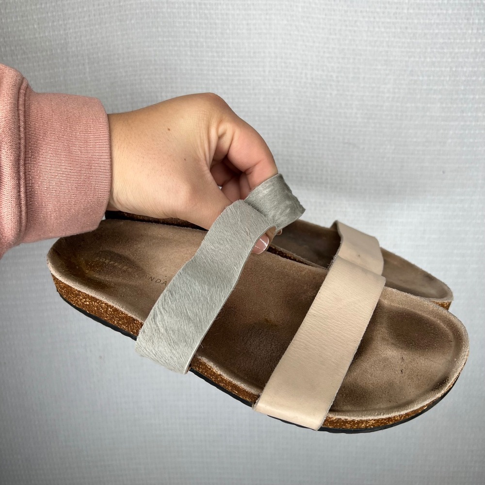 Loeffler Randall Women's‎ Size 9 Beige Tan Leather Fur Slides Sandals Cork Sole